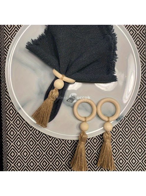 12db Fa Szalvétagyűrű Bojttal, Természetes Gyöngyös Asztaldísz Étkezéshez és Esküvőhöz