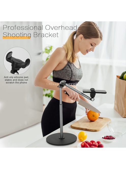 Alumíniumötvözetből készült, 360 fokban forgatható, állítható teleszkópos karral ellátott, vízálló, csúszásmentes talppal rendelkező telefonállvány