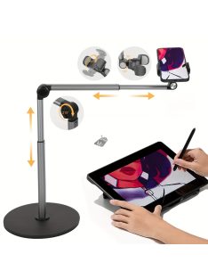   Alumíniumötvözetből készült, 360 fokban forgatható, állítható teleszkópos karral ellátott, vízálló, csúszásmentes talppal rendelkező telefonállvány