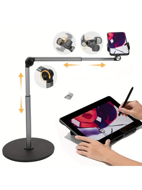 Alumíniumötvözetből készült, 360 fokban forgatható, állítható teleszkópos karral ellátott, vízálló, csúszásmentes talppal rendelkező telefonállvány