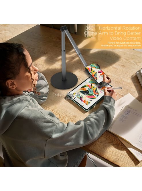 Alumíniumötvözetből készült, 360 fokban forgatható, állítható teleszkópos karral ellátott, vízálló, csúszásmentes talppal rendelkező telefonállvány