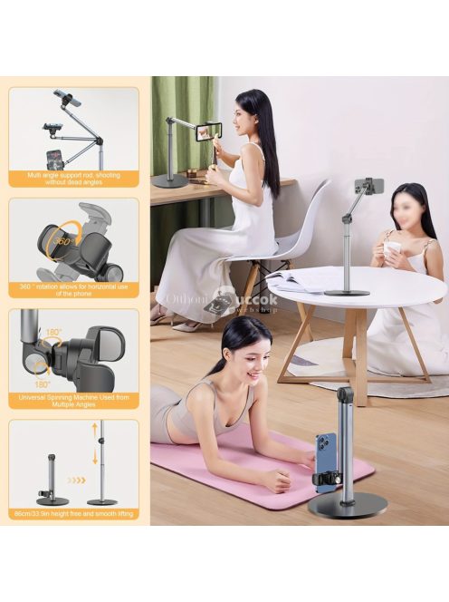 Alumíniumötvözetből készült, 360 fokban forgatható, állítható teleszkópos karral ellátott, vízálló, csúszásmentes talppal rendelkező telefonállvány