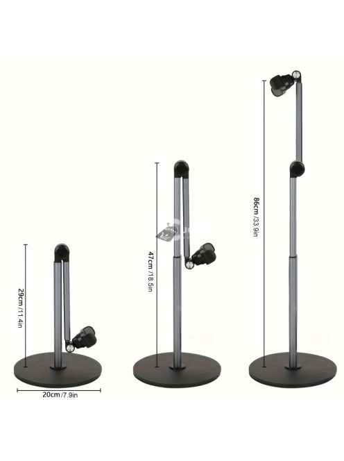 Alumíniumötvözetből készült, 360 fokban forgatható, állítható teleszkópos karral ellátott, vízálló, csúszásmentes talppal rendelkező telefonállvány