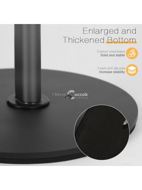 Alumíniumötvözetből készült, 360 fokban forgatható, állítható teleszkópos karral ellátott, vízálló, csúszásmentes talppal rendelkező telefonállvány