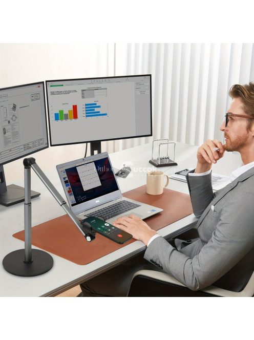 Alumíniumötvözetből készült, 360 fokban forgatható, állítható teleszkópos karral ellátott, vízálló, csúszásmentes talppal rendelkező telefonállvány