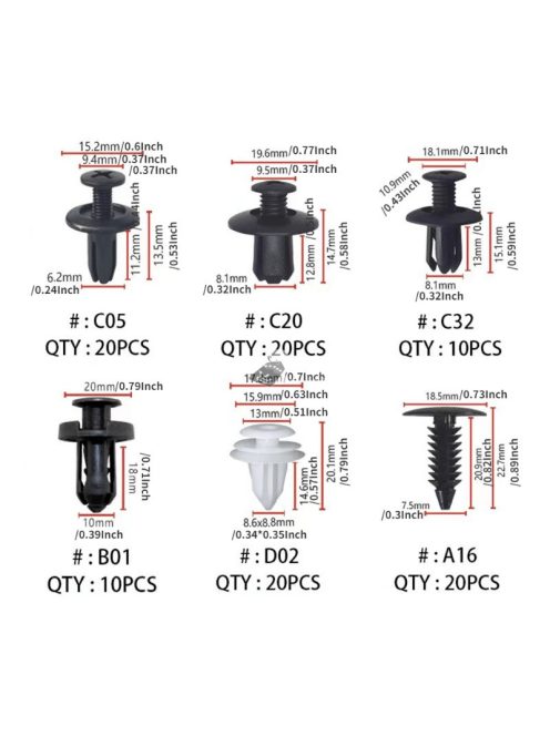 100db + doboz 6 méretű rögzítő klip készlet