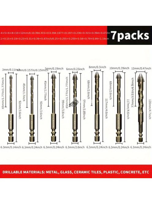 7 darabos kerámia csempefúró készlet hatszögletű szárral