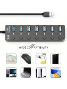 USB 3.0 hub, 7 portos elosztó független be-/kikapcsoló kapcsolókkal és LED-jelzőfényekkel