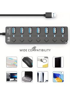   USB 3.0 hub, 7 portos elosztó független be-/kikapcsoló kapcsolókkal és LED-jelzőfényekkel