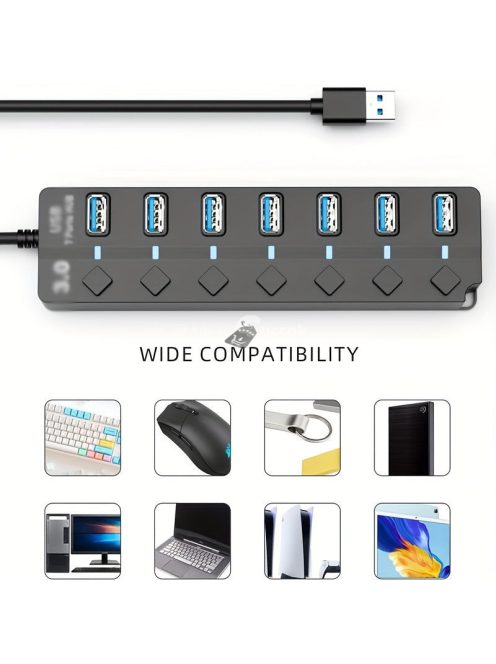 USB 3.0 hub, 7 portos elosztó független be-/kikapcsoló kapcsolókkal és LED-jelzőfényekkel