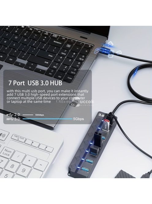 USB 3.0 hub, 7 portos elosztó független be-/kikapcsoló kapcsolókkal és LED-jelzőfényekkel