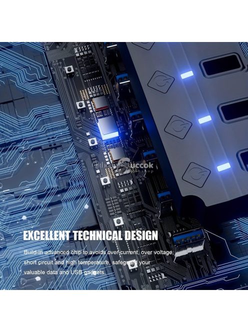 USB 3.0 hub, 7 portos elosztó független be-/kikapcsoló kapcsolókkal és LED-jelzőfényekkel