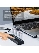 USB 3.0 hub, 7 portos elosztó független be-/kikapcsoló kapcsolókkal és LED-jelzőfényekkel