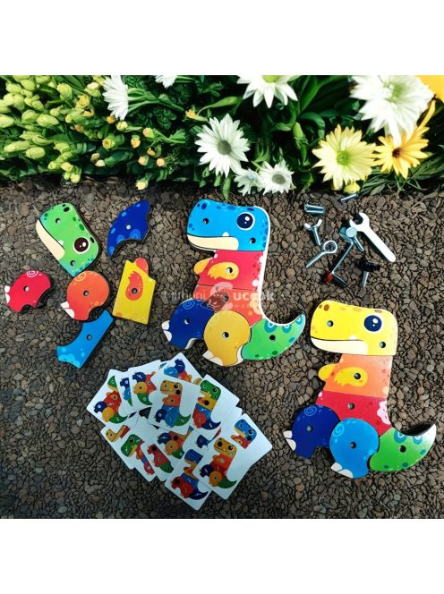 3-részes dinoszaurusz építő puzzle, csavarhúzóval