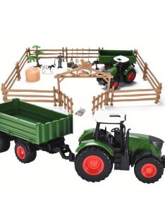 Zöld traktor és pótkocsi játékkészlet farmer kocsival