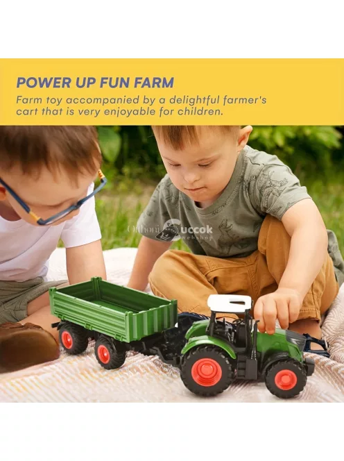 Zöld traktor és pótkocsi játékkészlet farmer kocsival