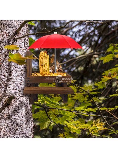Tartós fából készült mókusetető esernyővel és kukoricacsutkával