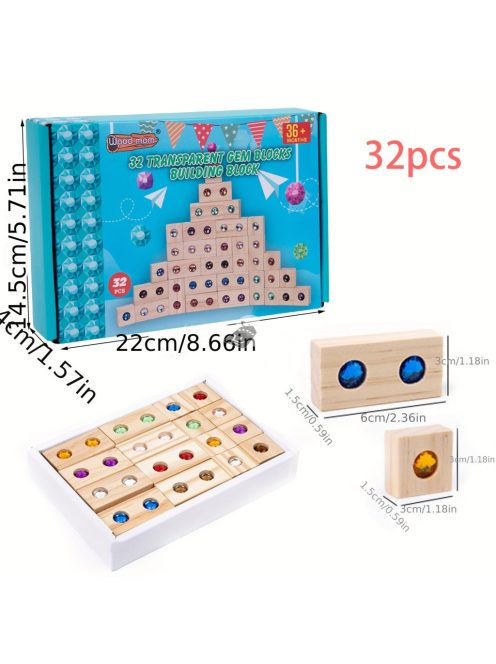 Drágakő építőelemek, fa építő geometriai alakú játék