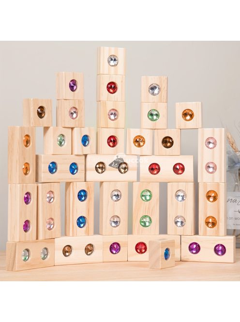 Drágakő építőelemek, fa építő geometriai alakú játék