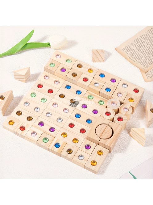 Drágakő építőelemek, fa építő geometriai alakú játék