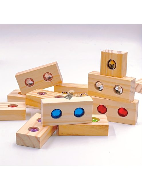 Drágakő építőelemek, fa építő geometriai alakú játék
