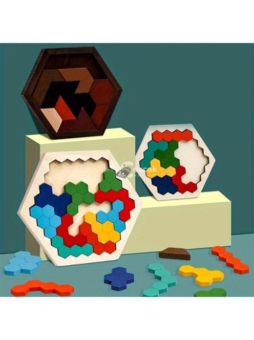 3D hatszögletű fa puzzle játék