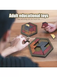 Hatszögletű Tangram-rejtvény, fa kirakós játék