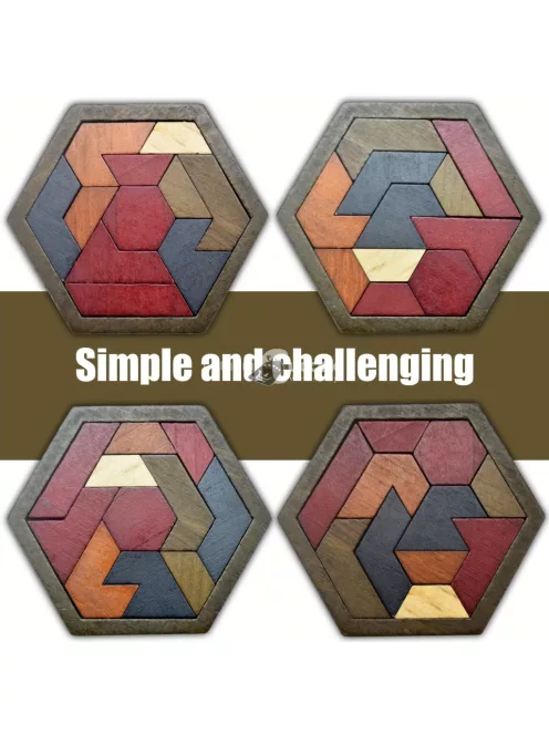 Hatszögletű Tangram-rejtvény, fa kirakós játék