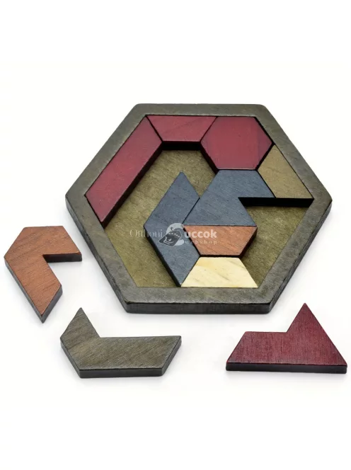 Hatszögletű Tangram-rejtvény, fa kirakós játék