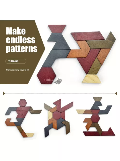Hatszögletű Tangram-rejtvény, fa kirakós játék