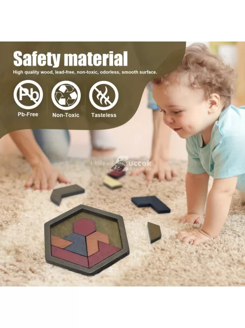 Hatszögletű Tangram-rejtvény, fa kirakós játék