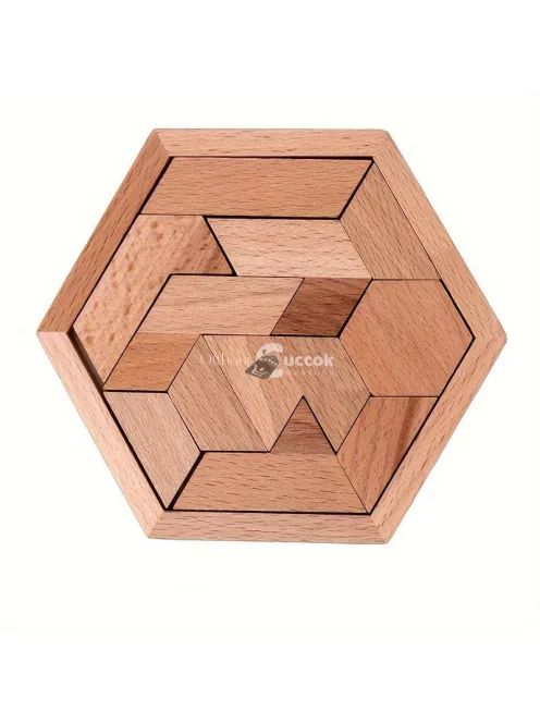 Hatszögletű Tangram-rejtvény, fa kirakós játék