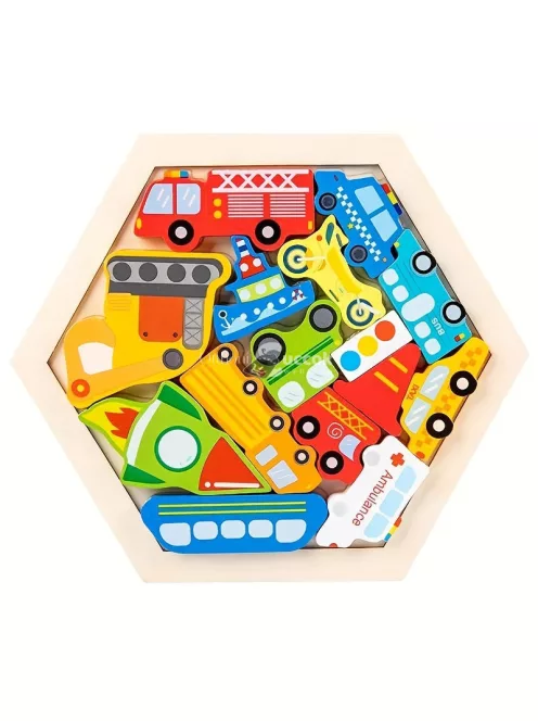 Hatszögletű Tangram-rejtvény, fa kirakós játék