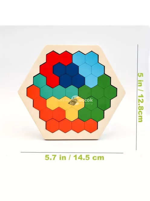 Hatszögletű Tangram-rejtvény, fa kirakós játék
