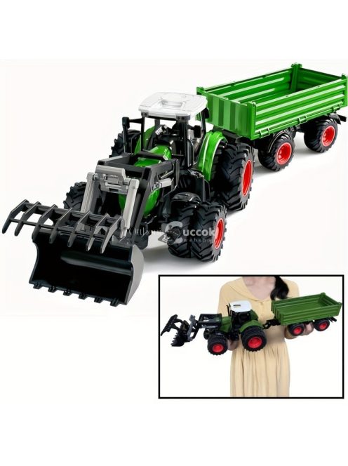 Nagy 50.04cm-es Zöld Farm Traktor Játékkészlet Pótkocsival és Előre Rakodóval