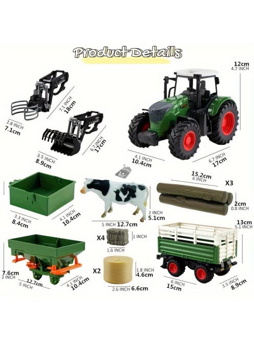 41.91cm Méretarányú Modell Traktor Játék Készlet - Tartalmazza Az Előre Rakodót, Szórót & Kiegészítőket