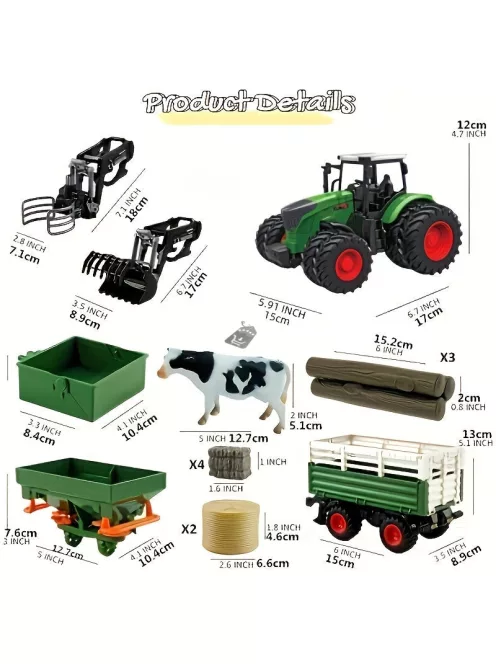 Farm Traktor Játékszett Pótkocsival – 1:24 Méretarány, 42 cm-es Kézi Működtetésű Járművek Gyerekeknek