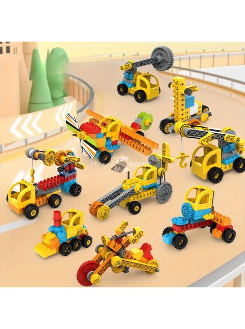 Gyerek építőkocka készlet, fogaskerék mechanizmus és jármű játékkészletek