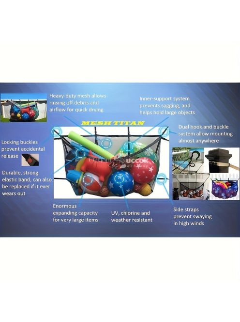 Felakasztható tárolóháló úszógumikhoz, kerti játékokhoz