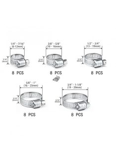   40 db-os Tömlőbilincs Készlet - (2,54/10,16 cm - 2,54-2,54/20,32 cm)