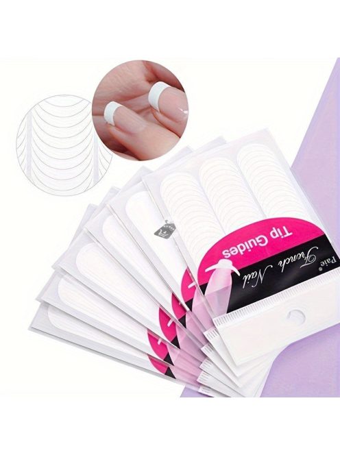 100 darab francia manikűr köröm matrica csík: Öntapadós köröm matrica tippek manikűr díszítéshez - Hold alakú design, fehér