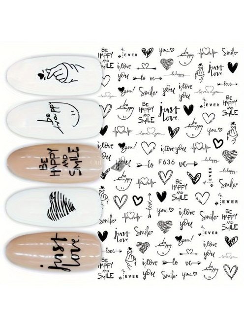 2 Lapos Körömmatricák, Valentin Nap Körömmatricák, Heart Love Design Angol Betűs Köröm Kiegészítők