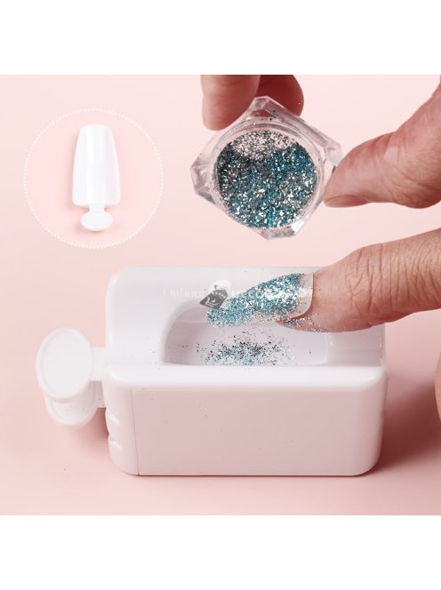 Fehér körömcsillámpor újrahasznosító doboz manikűr Gyűjtse össze a pigmentpor mikrogyöngyöket tartálytartó Kétrétegű tárolótok 2*kanállal+1*tölcsérrel
