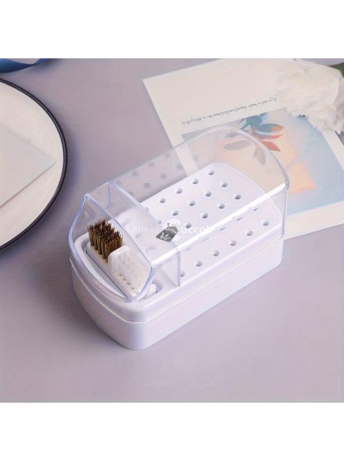 30 lyukú körömdíszítő fúró tárolódoboz ecsettel csiszoló polírozófej-tartóval, kijelző körömfúrószárral, körömtartó manikűrrel (fúrófej nélkül)