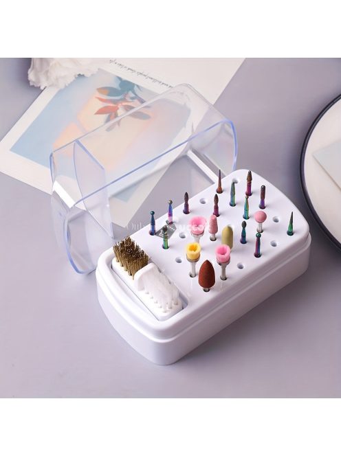 30 lyukú körömdíszítő fúró tárolódoboz ecsettel csiszoló polírozófej-tartóval, kijelző körömfúrószárral, körömtartó manikűrrel (fúrófej nélkül)