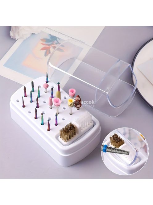 30 lyukú körömdíszítő fúró tárolódoboz ecsettel csiszoló polírozófej-tartóval, kijelző körömfúrószárral, körömtartó manikűrrel (fúrófej nélkül)