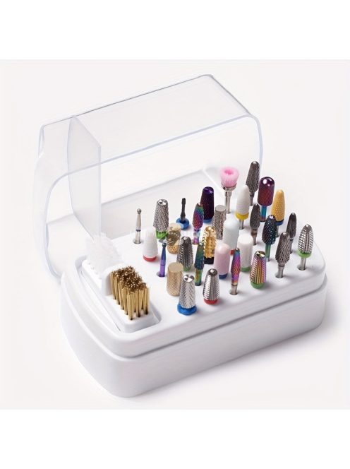 30 lyukú körömdíszítő fúró tárolódoboz ecsettel csiszoló polírozófej-tartóval, kijelző körömfúrószárral, körömtartó manikűrrel (fúrófej nélkül)