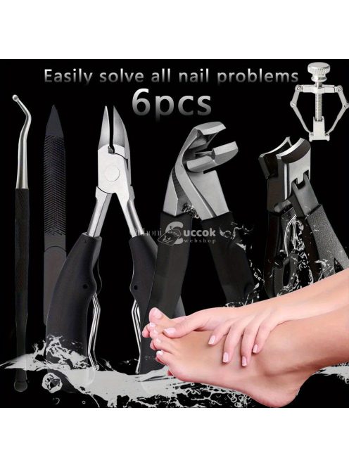 6 darabos körömcsipesz készlet ívelt pengékkel, benőtt körömreszelővel & szögletes vágókkal - Szagmentes manikűr & pedikűr készlet minden körtípushoz