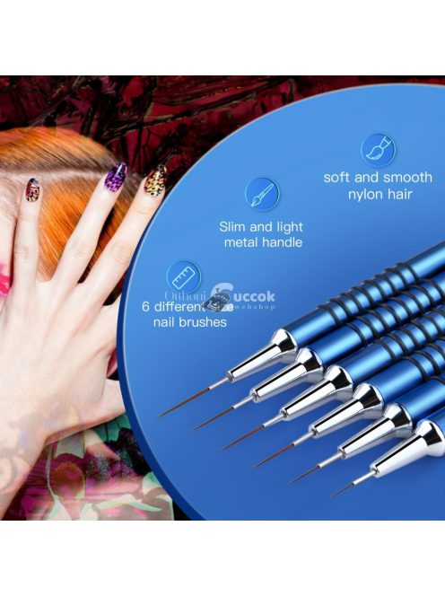 Körömdíszítő ecset készlet, 6db Nail Art Design ecset vékony, hosszú vonalakat csíkozó pöttyös rajztoll, UV géllakk festés fém nyéllel csíkozó ecsetek méret 5/7/9/11/20/25mm
