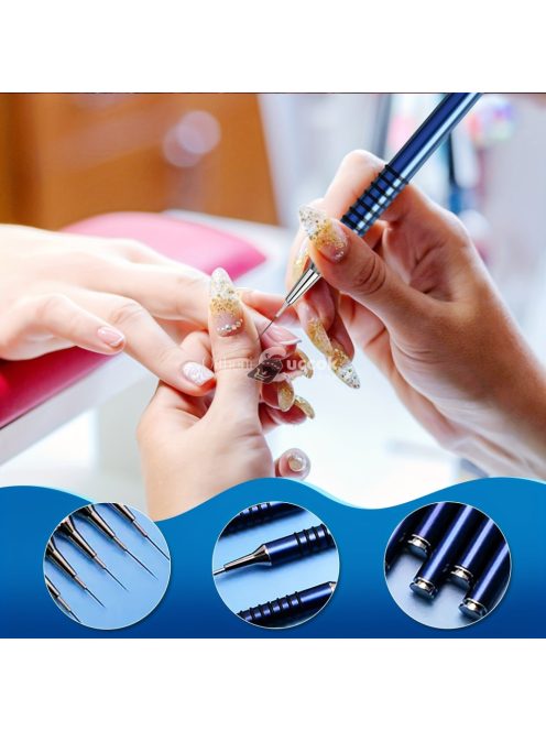 Körömdíszítő ecset készlet, 6db Nail Art Design ecset vékony, hosszú vonalakat csíkozó pöttyös rajztoll, UV géllakk festés fém nyéllel csíkozó ecsetek méret 5/7/9/11/20/25mm